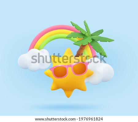 Summer vacation realistic design template. 3d render scene tropical palm tree, sun, rainbow, cloud. Tropic beach objects, Holiday web poster, banner, seasonal brochure, cover.  Summertime background