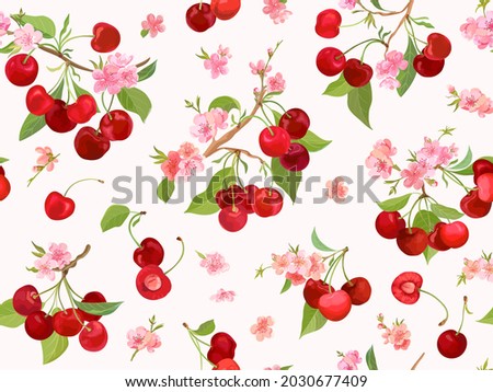 Watercolor cherry seamless pattern. Summer berries, fruits, leaves, flowers background. Vector illustration for spring cover, tropical wallpaper texture, backdrop, wedding invitation
 Stock foto © 