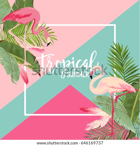 Tropical Flowers and Flamingo Summer Banner, Graphic Background, Exotic Floral Invitation, Flyer or Card. Modern Front Page in Vector