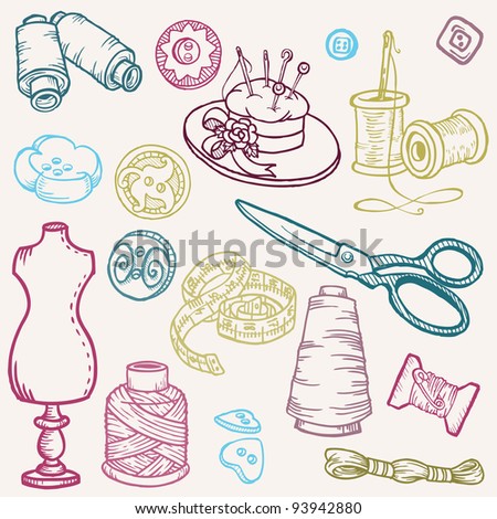 Sewing Kit Doodles - hand drawn design elements in vector