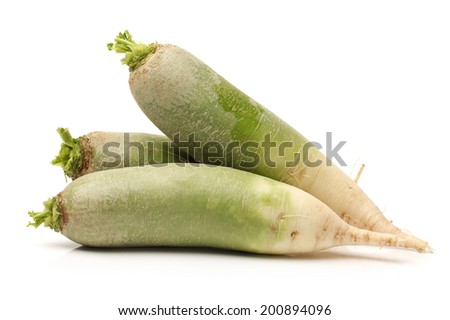 Whole single green radish on white background