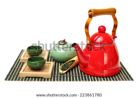 Red tea kettle isolated on white background