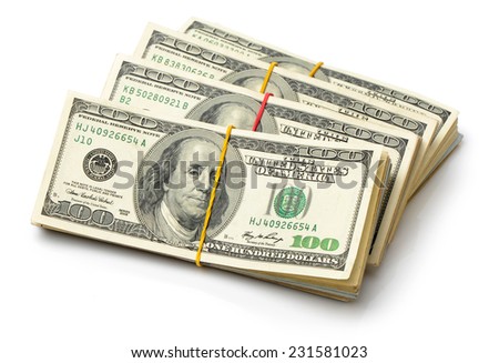 Many bundle of US 100 dollars bank notes isolated on white background