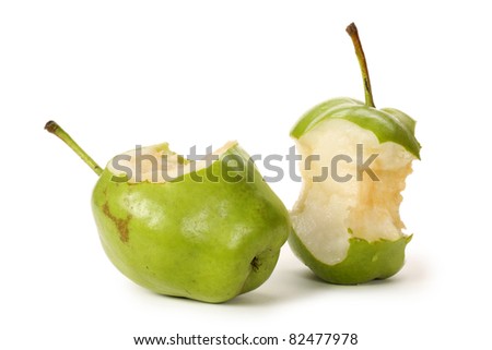 Tasty pear with a bite missing, white background
