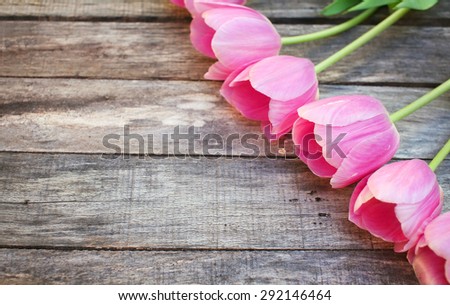 Pink Tulips over wooden texture background with copy space
