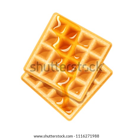 Belgian Waffle with honey. Dessert sweetness. Lunch cooking. Isolated white background. EPS10 vector illustration.