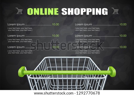 Shopping cart for supermarket products. Shop equipment. Realistic market trolley. Side view. Dark background. EPS10 vector illustration.