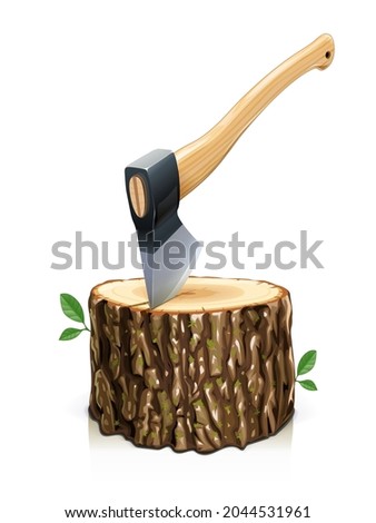 Axe with stump. Manual tool for chop wood. Ax steel build cut equipment. Isolated on white background. Eps10 vector illustration.