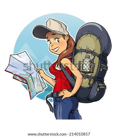Tourist girl with rucksack and map. Eps10 vector illustration. Isolated on white background