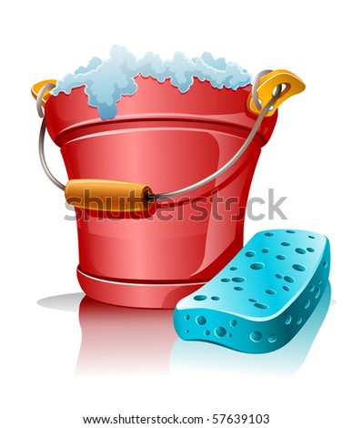 bucket with foam and bath sponge vector illustration