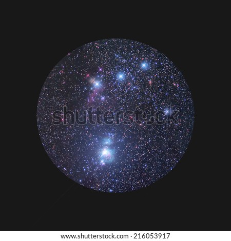 Astronomy space image: telescopic view at the central part of the Orion constellation with stars forming the Orion belt and nebulae.