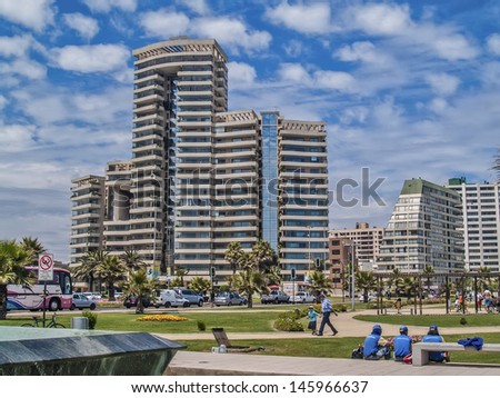VINA DEL MAR, CHILE - FEBRUARY 12: Modern residential skyscrapers on the coastline on February 12, 2011 in Vina del Mar, Chile. Main tourist destination in Chile, an hour from capital Santiago.