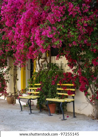 Still life whit flowers and bench over Spanish house