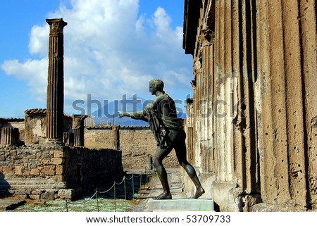 Bronze statue of Apollo in a ruined temple at the ancient Roman city of Pompeii, which was destroyed and buried by ash during the eruption of Mount Vesuvius in 79 AD.