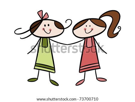 Friendship: Colorful Cartoon Illustration Of Two Happy Little Girls ...