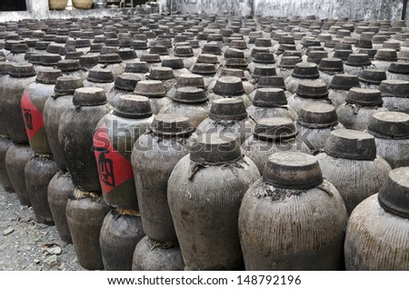 Rice wine jugs Stack of huge wine jugs in central China