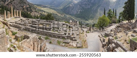 Oracle of Delphi in Greece\
Panoramic view of the Greek ruins of Delphi where people went to ask for advice \
to the feminine priestess prophet Pythia