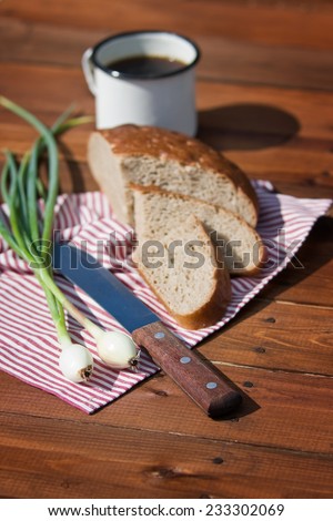 Rye bread, onion, beer and knife on wood, outdoor. Focus on onion