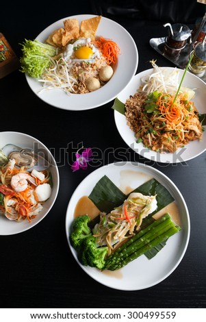 Variety of authentic Thai cuisine and stir fry dishes.  Shallow depth of field.