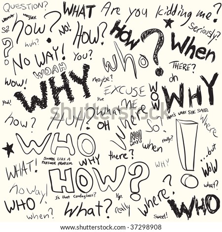 Questions doodled in black ink over white in vector format.