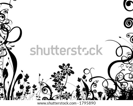 summer foliage border layout with copy space for your text or images.  silhouettes of flowers and plants on a white background.
