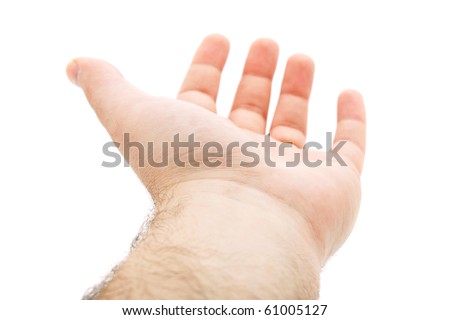 An Empty Hand Being Held Out Over A Blank White Background. Stock Photo ...