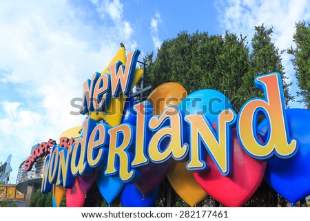 Osaka, Japan - April 22: New wonderland sign in Universal Studios Theme Park in Osaka, Japan on April 22, 2015. The theme park has many attractions based on the film industry.