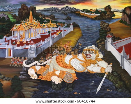 Traditional Thai style art painting on temple's wall (Ramayana story)