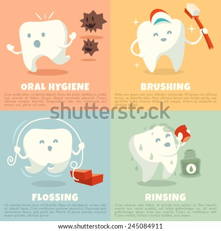 Oral hygiene banners with cute tooth. Part 1. Brushing, flossing and rinsing. Vector illustration.