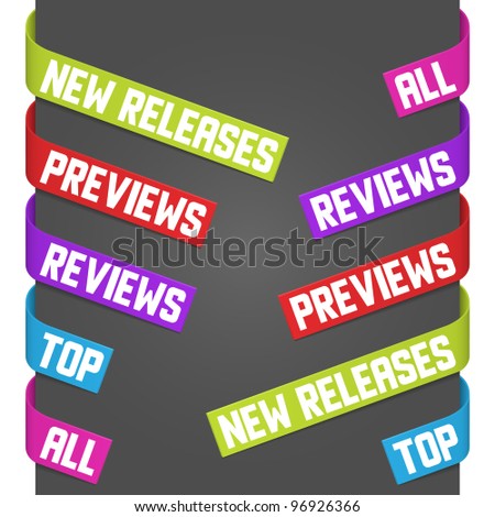 Left and right side signs - Previews, Reviews, Top, All, New releases. Vector illustration.