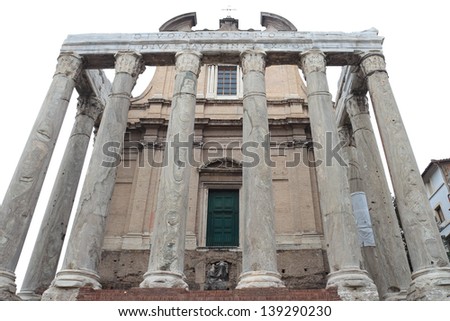 The church of San Lorenzo in Miranda in the Roman Forum, built over the ancient Roman Temple of Antoninus and Faustina, Rome, Italy.