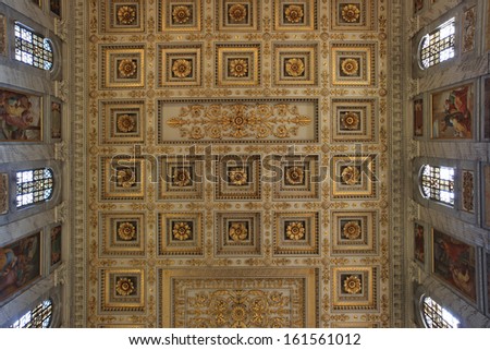 ROME - OCTOBER  21: The rich decorated ceiling of the Papal Basilica of St Paul on October 21, 2013 in Rome, Italy