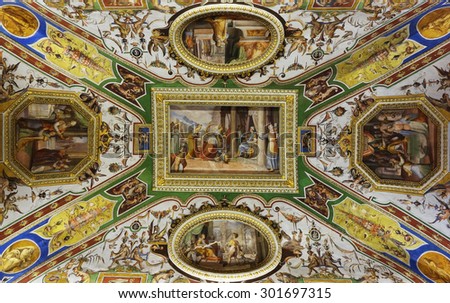 ROME, ITALY - MAY 3, 2015: detail of the paintings over the ceiling in the Christina Queen of Sweden room at Corsini Palace art gallery