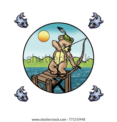 a little bear fishing with a bow on a lake, illustration