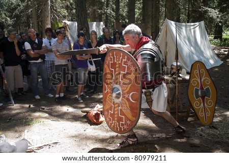 VAL VENY, ITALY - JULY 2: man fights as ancient roman soldier  at \