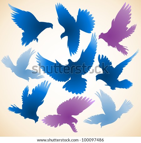 Set of diverse color silhouettes of flying birds of doves.