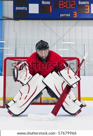 Ice hockey goalie in front of his net. Picture taken in ice arena.