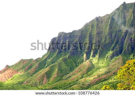 Slopes of the Kalalau Valley on the Na Pali coast on the Hawaiian island of Kauai. On white.