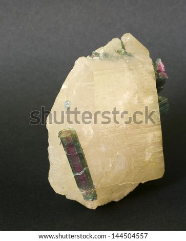 MUSEUM MINERAL SERIES: tourmaline on quartz. White quartz crystal is 8cm high.