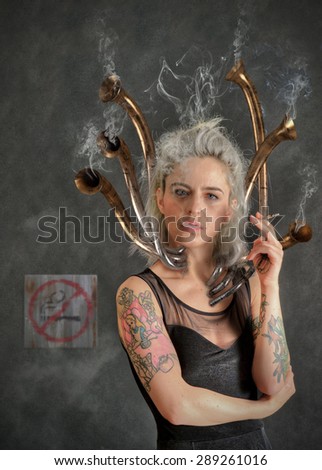 No smoking. Conceptual image of a rebellious young woman smoking with metal exhaust pipes.
