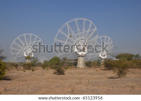 A view of dishes of the Giant Meter-wave Radio Telescope `GMRT\' in India.