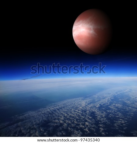 Red planet above the Earth's surface. Are there other planets like Earth? Combination of photo and 3D render.