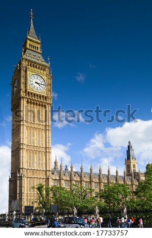 Big Ben, London. Westminster Palace clock tower under a blue sky. Vertical (portrait) orientation.