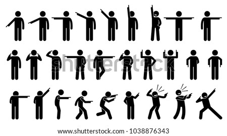 Stick Figures of a Person Pointing Finger. A set of stick figures showing a man pointing in different directions on different poses and positions. 