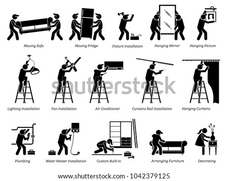 Installation of Home Fixtures and House Decorations Icons. Pictogram depicts workers installing home fixtures, moving in furnitures, and decorating the living space.