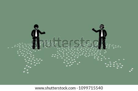 Two businessman of different countries giving thumb up to each other on top of a world map. Vector artwork depicts respect, cooperation, treaty, and good relationship between two countries. 