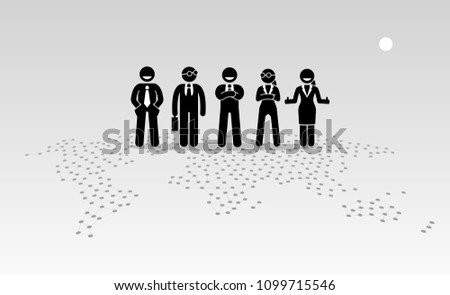 Businessmen and businesswomen standing on top of a world map. Vector artwork depicts the concept of globalisation and international organization. 