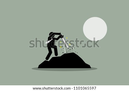 Businessman pulling Excalibur sword out from a rock. Vector illustration depict the concept of destiny, success, prospect, potential, the chosen one, and fate. 