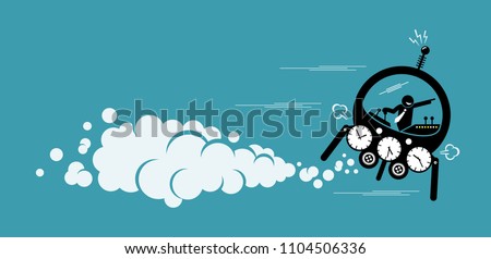 Businessman flying in a time machine going to the future or past. Vector artwork depicts time machine, back to the past, changing history and finding out about the future.