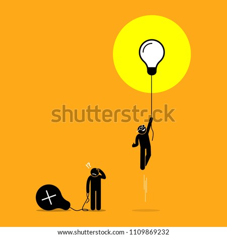 Two person created different ideas but only one is having success, while the other fails. Vector artwork shows the concept of idea success and failure.